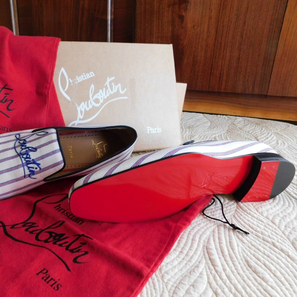 NIB Louboutin Dandelion slip on embroidered loafer Pic Nic stripe toile flat 43 - Picture 7 of 16